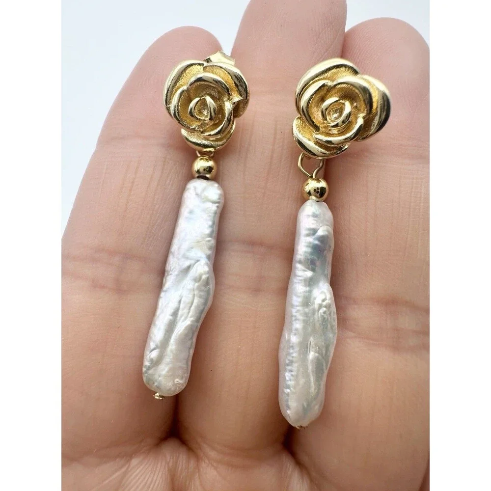 Baroque Pearl Rose Earrings Gold Tone Dangle